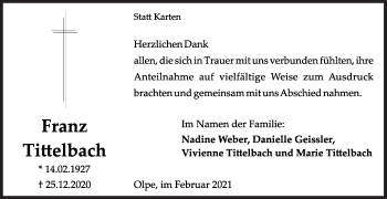 Traueranzeige von Franz Tittelbach von Siegener Zeitung