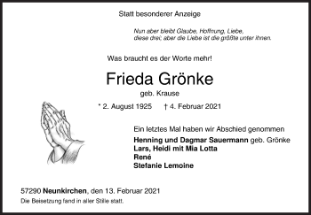 Traueranzeige von Frieda Grönke von Siegener Zeitung