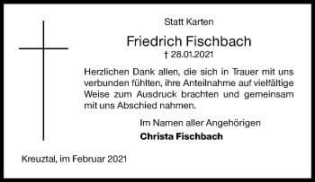 Traueranzeige von Friedrich Fischbach von Siegener Zeitung