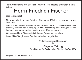 Traueranzeige von Friedrich Fischer von Siegener Zeitung