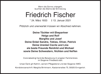 Traueranzeige von Friedrich Fischer von Siegener Zeitung
