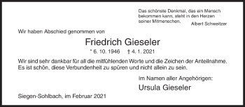 Traueranzeige von Friedrich Gieseler von Siegener Zeitung