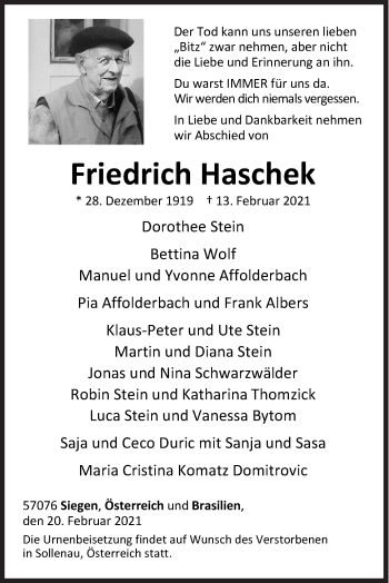 Traueranzeige von Friedrich Haschek von Siegener Zeitung