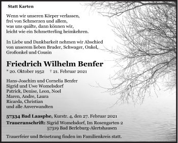 Traueranzeige von Friedrich Wilhelm Benfer von Siegener Zeitung