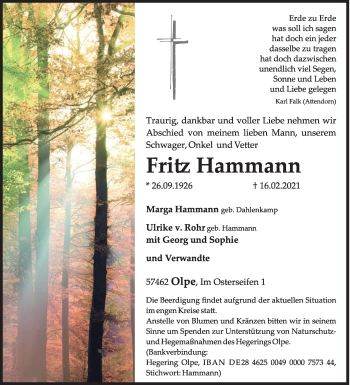 Traueranzeige von Fritz Hammann von Siegener Zeitung