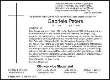 Traueranzeige von Gabriele Peters von Siegener Zeitung
