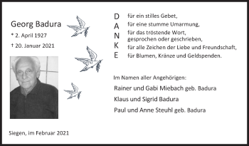 Traueranzeige von Georg Badura von Siegener Zeitung