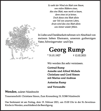 Traueranzeige von Georg Rump von Siegener Zeitung