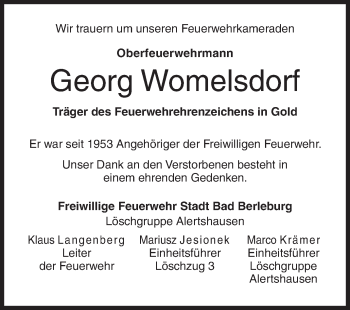 Traueranzeige von Georg Womelsdorf von Siegener Zeitung