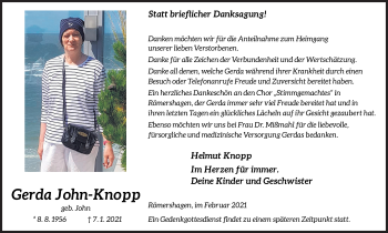 Traueranzeige von Gerda John-Knopp von Siegener Zeitung