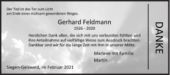 Traueranzeige von Gerhard Feldmann von Siegener Zeitung