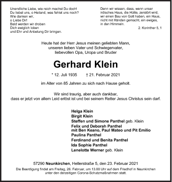 Traueranzeige von Gerhard Klein von Siegener Zeitung