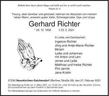 Traueranzeige von Gerhard Richter von Siegener Zeitung