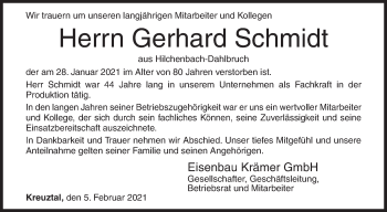 Traueranzeige von Gerhard Schmidt von Siegener Zeitung