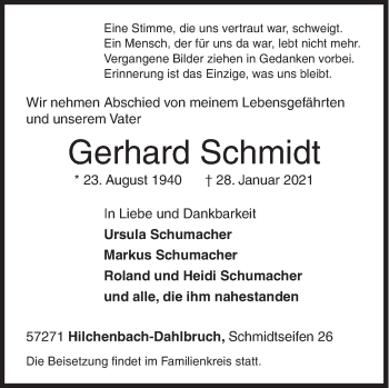 Traueranzeige von Gerhard Schmidt von Siegener Zeitung