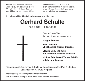 Traueranzeige von Gerhard Schulte von Siegener Zeitung