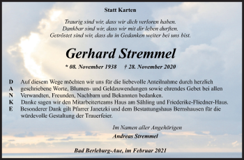 Traueranzeige von Gerhard Stremmel von Siegener Zeitung
