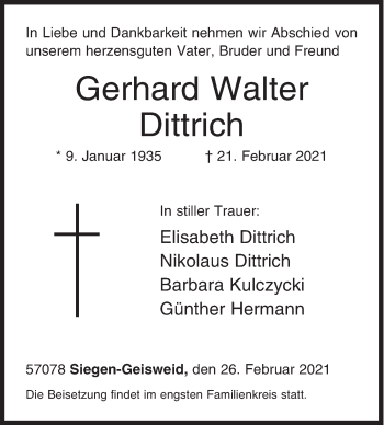 Traueranzeige von Gerhard Walter Dittrich von Siegener Zeitung