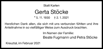 Traueranzeige von Gerta Stöcke von Siegener Zeitung