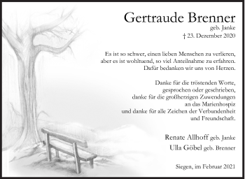 Traueranzeige von Gertraude Brenner von Siegener Zeitung