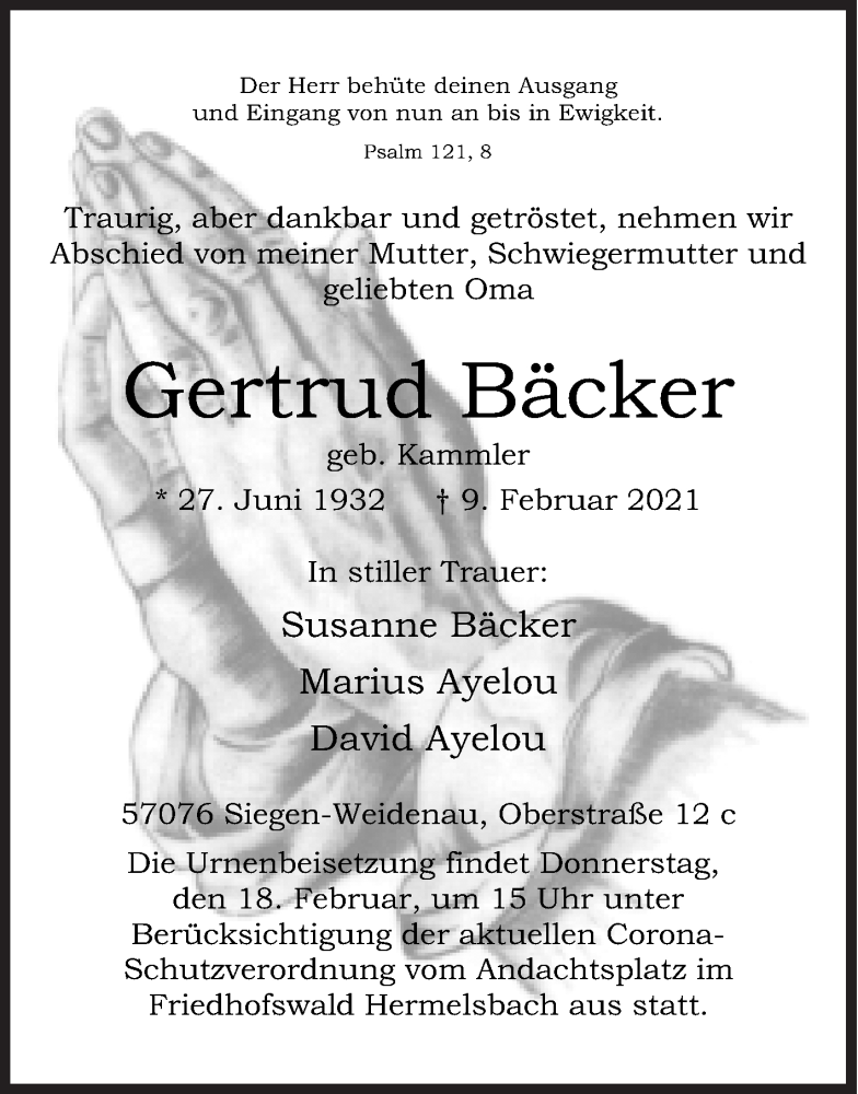  Traueranzeige für Gertrud Bäcker vom 15.02.2021 aus Siegener Zeitung