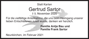 Traueranzeige von Gertrud Sartor von Siegener Zeitung