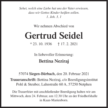 Traueranzeige von Gertrud Seidel von Siegener Zeitung