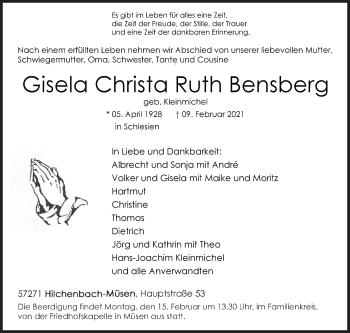 Traueranzeige von Gisela Christa Ruth Bensberg von Siegener Zeitung
