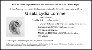 Traueranzeige von Gisela Lydia Lommel von Siegener Zeitung