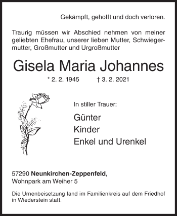 Traueranzeige von Gisela Maria Johannes von Siegener Zeitung