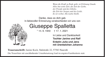 Traueranzeige von Giuseppe Spalletta von Siegener Zeitung