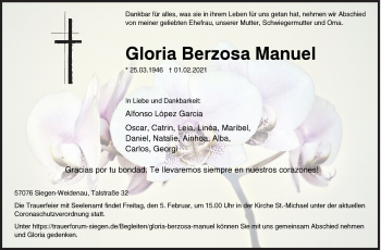 Traueranzeige von Gloria Berzosa Manuel von Siegener Zeitung