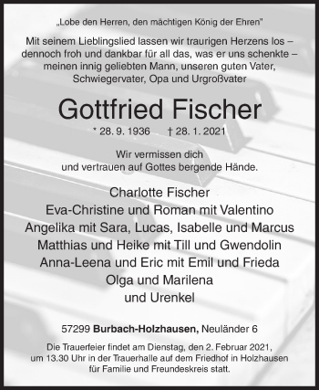 Traueranzeige von Gottfried Fischer von Siegener Zeitung