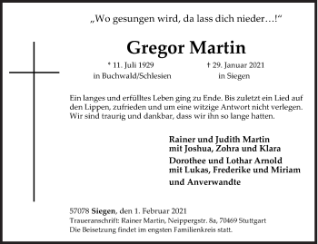 Traueranzeige von Gregor Martin von Siegener Zeitung