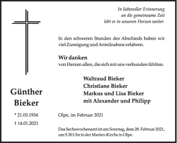 Traueranzeige von Günther Bieker von Siegener Zeitung