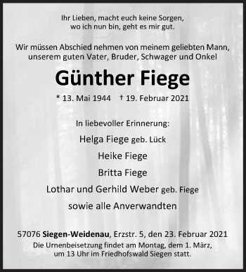 Traueranzeige von Günther Fiege von Siegener Zeitung