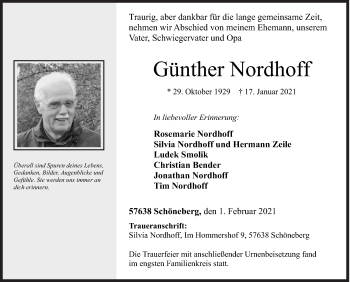 Traueranzeige von Günther Nordhoff von Siegener Zeitung