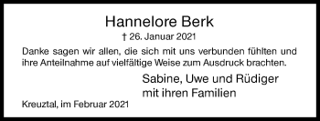 Traueranzeige von Hannelore Berk von Siegener Zeitung