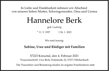 Traueranzeige von Hannelore Berk von Siegener Zeitung