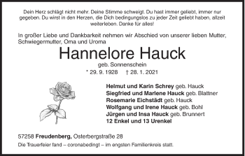 Traueranzeige von Hannelore Hauck von Siegener Zeitung