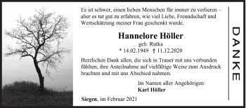 Traueranzeige von Hannelore Höller von Siegener Zeitung