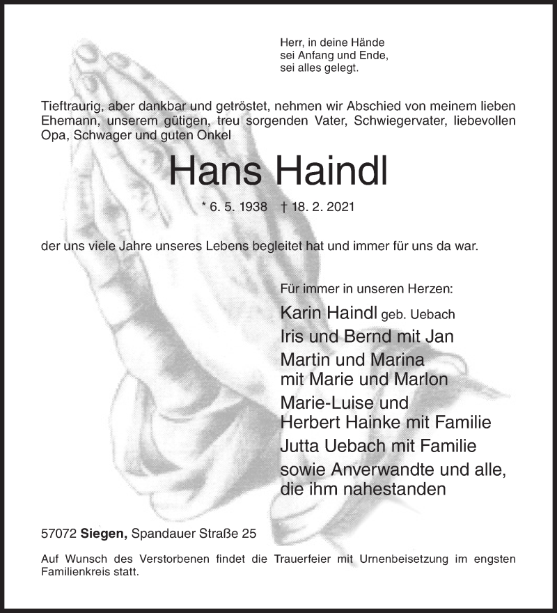  Traueranzeige für Hans Haindl vom 27.02.2021 aus Siegener Zeitung