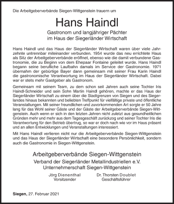 Traueranzeige von Hans Haindl von Siegener Zeitung