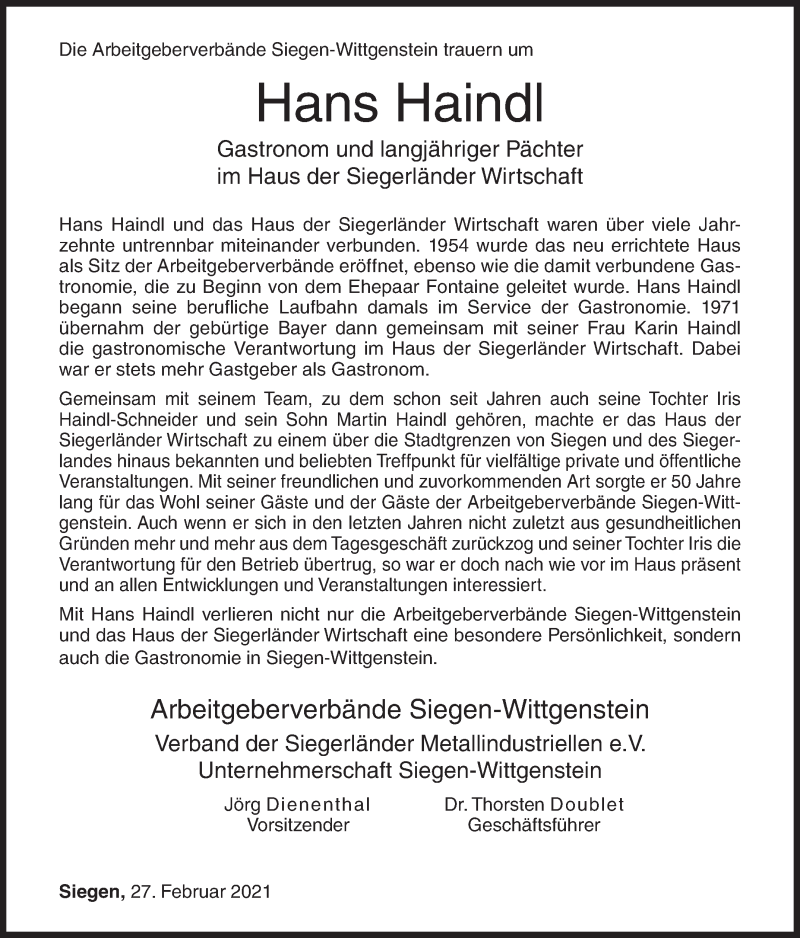  Traueranzeige für Hans Haindl vom 27.02.2021 aus Siegener Zeitung
