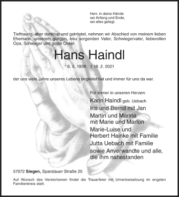Traueranzeige von Hans Haindl von Siegener Zeitung