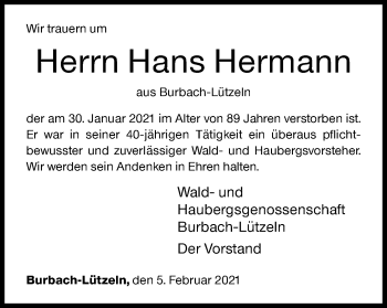 Traueranzeige von Hans Hermann von Siegener Zeitung