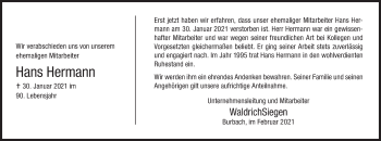Traueranzeige von Hans Hermann von Siegener Zeitung