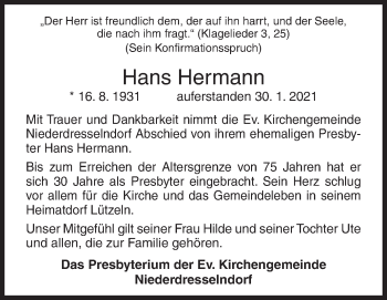 Traueranzeige von Hans Hermann von Siegener Zeitung