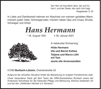 Traueranzeige von Hans Hermann von Siegener Zeitung