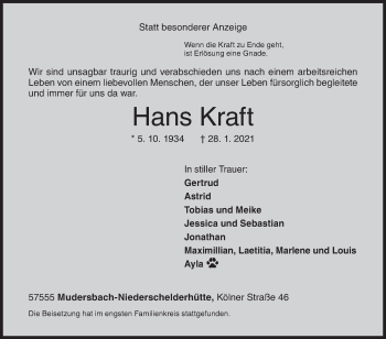Traueranzeige von Hans Kraft von Siegener Zeitung